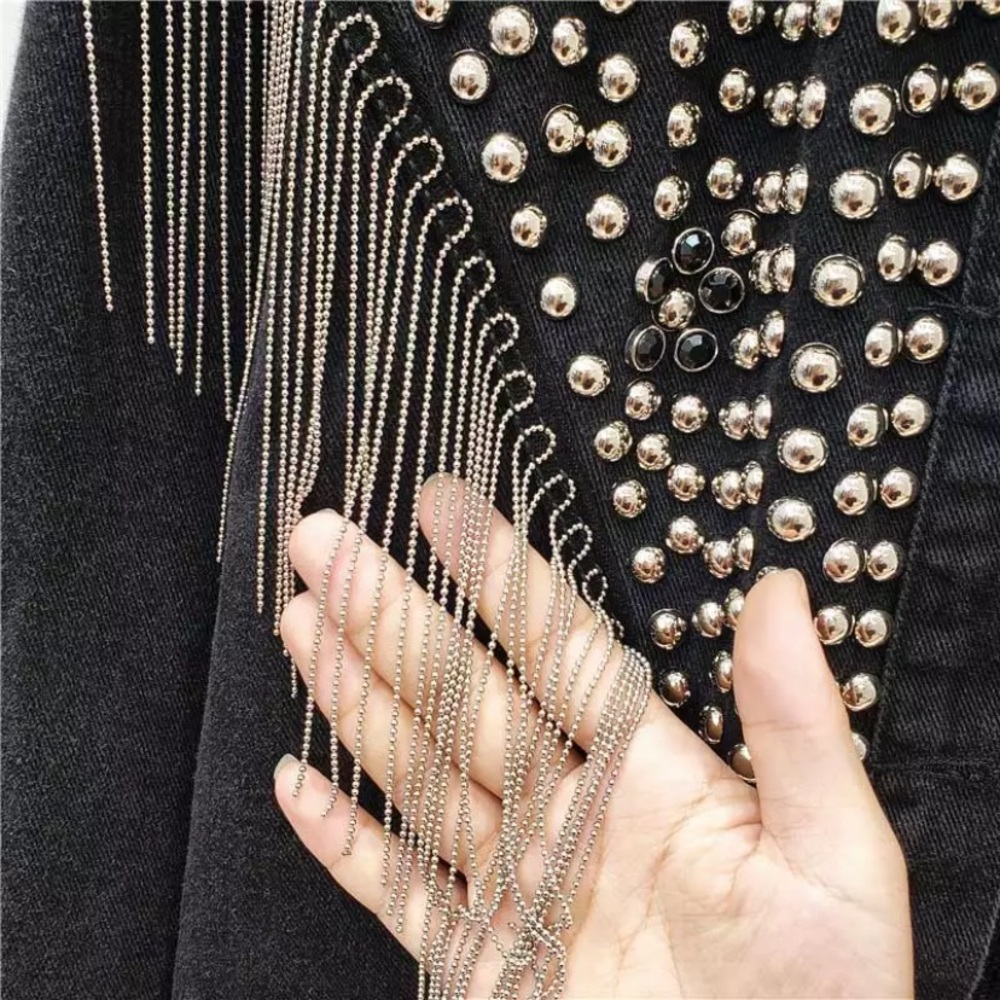 SOLD OUT Black Oversized Studded Chain Fringe Denim Jacket - Picture 5 of 8